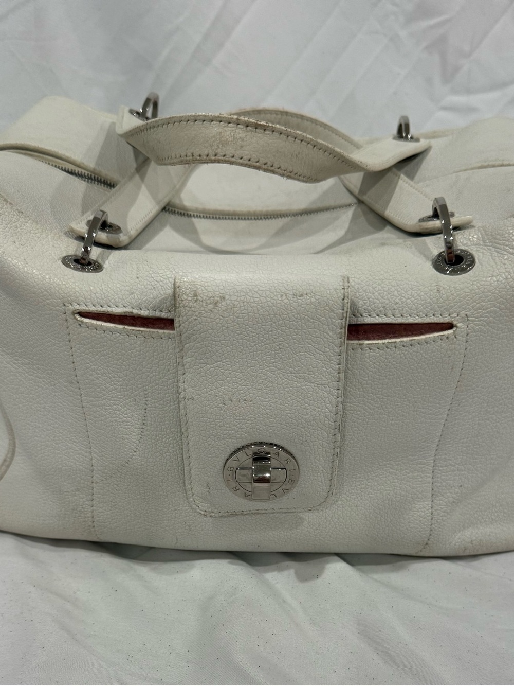 Vintage Bvlgari White Leather  Boston Handbag Pink Suede Interior Made in Italy